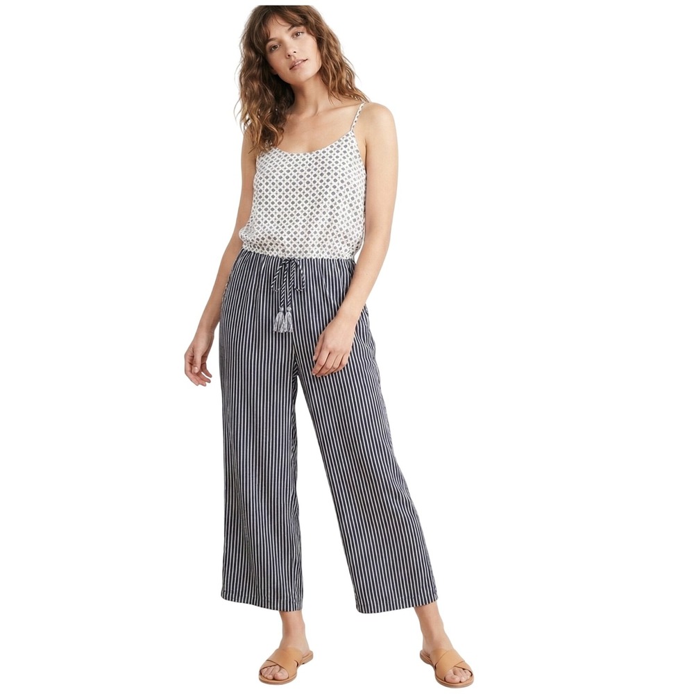 J Crew Jumpsuit Cropped Wide Leg Navy White Stripe Floral Top Medium Casual Prep